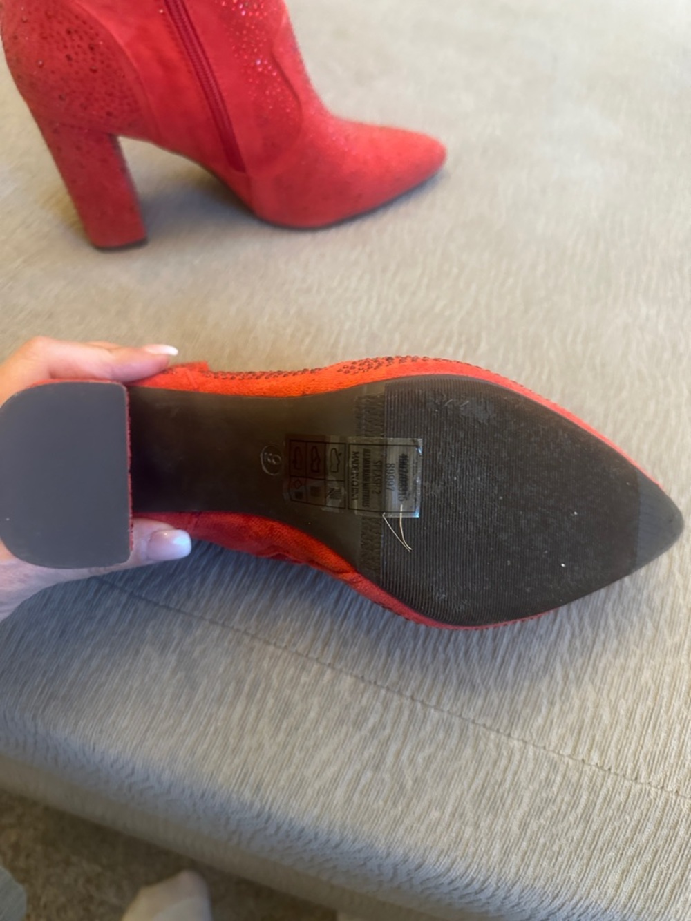 Pierre Dumas Red Suede Crystal Embellished Ankle Boots - Picture 4 of 4